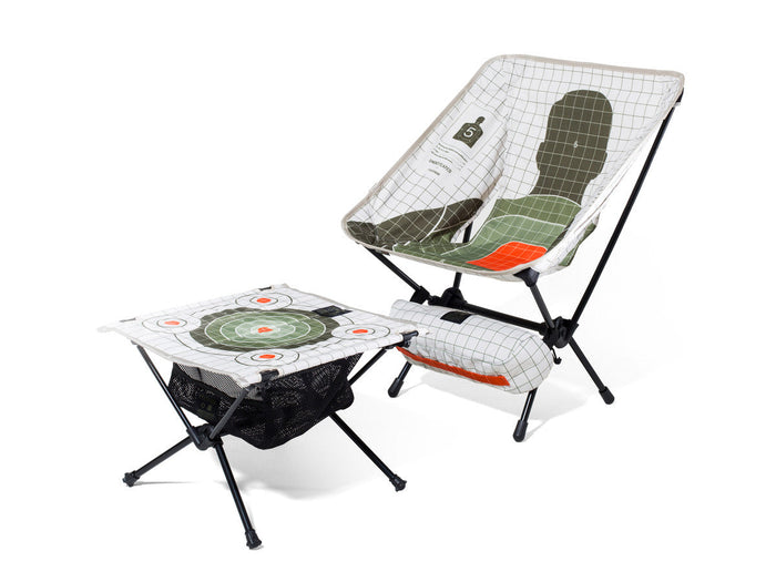 Helinox camp chair and table set featuring a target grid and silhouette graphic print