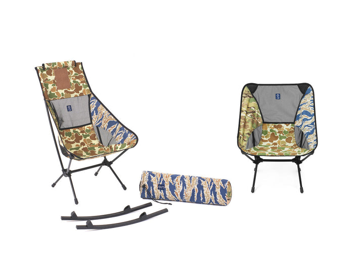 Helinox camp chair set in multi-pattern camouflage with rocking chair attachments