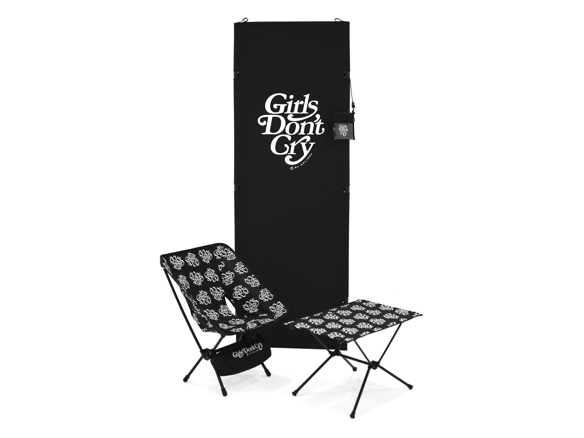 Helinox x Girls Don't Cry black camping chair, table, and panel set