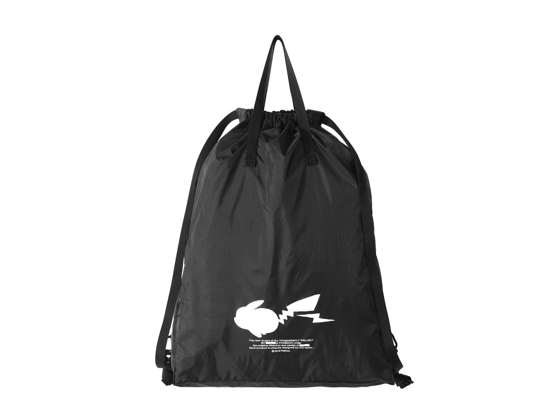 Black drawstring backpack with white Pikachu silhouette graphic on a white background