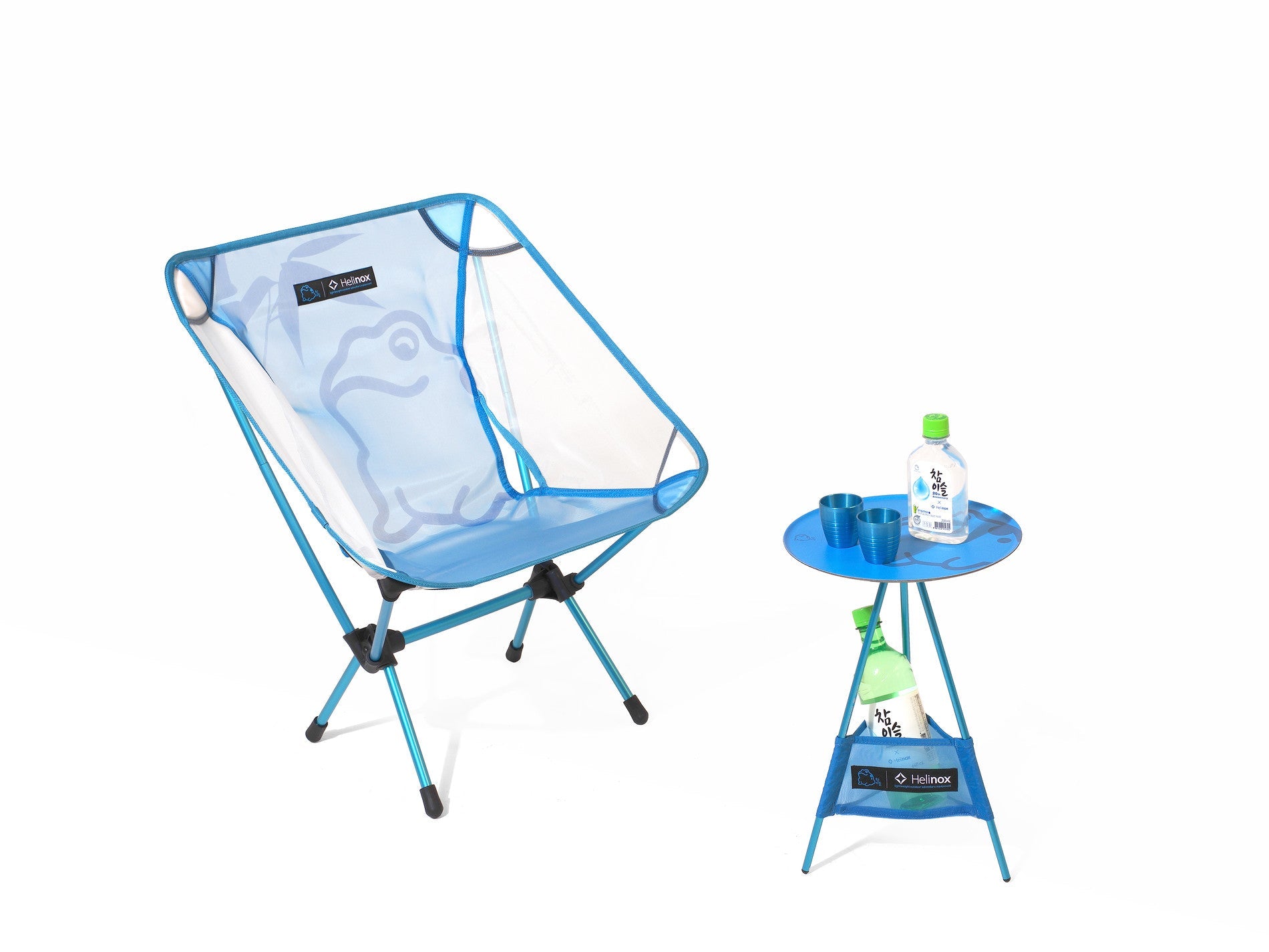 Helinox x Jinro blue camp chair and side table set featuring a cute frog graphic