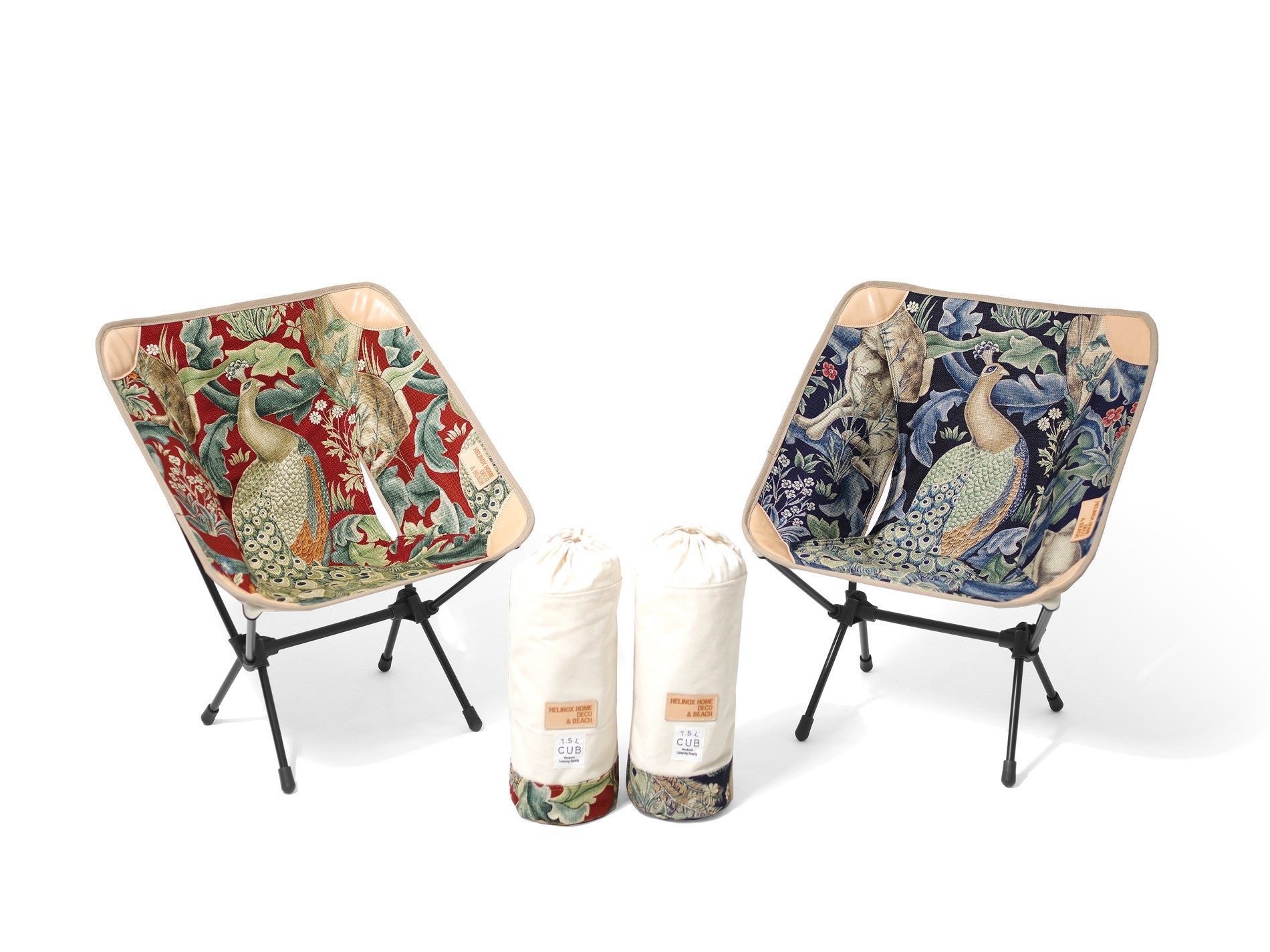 Two Helinox camp chairs with red and blue peacock tapestry patterns alongside matching carry bags