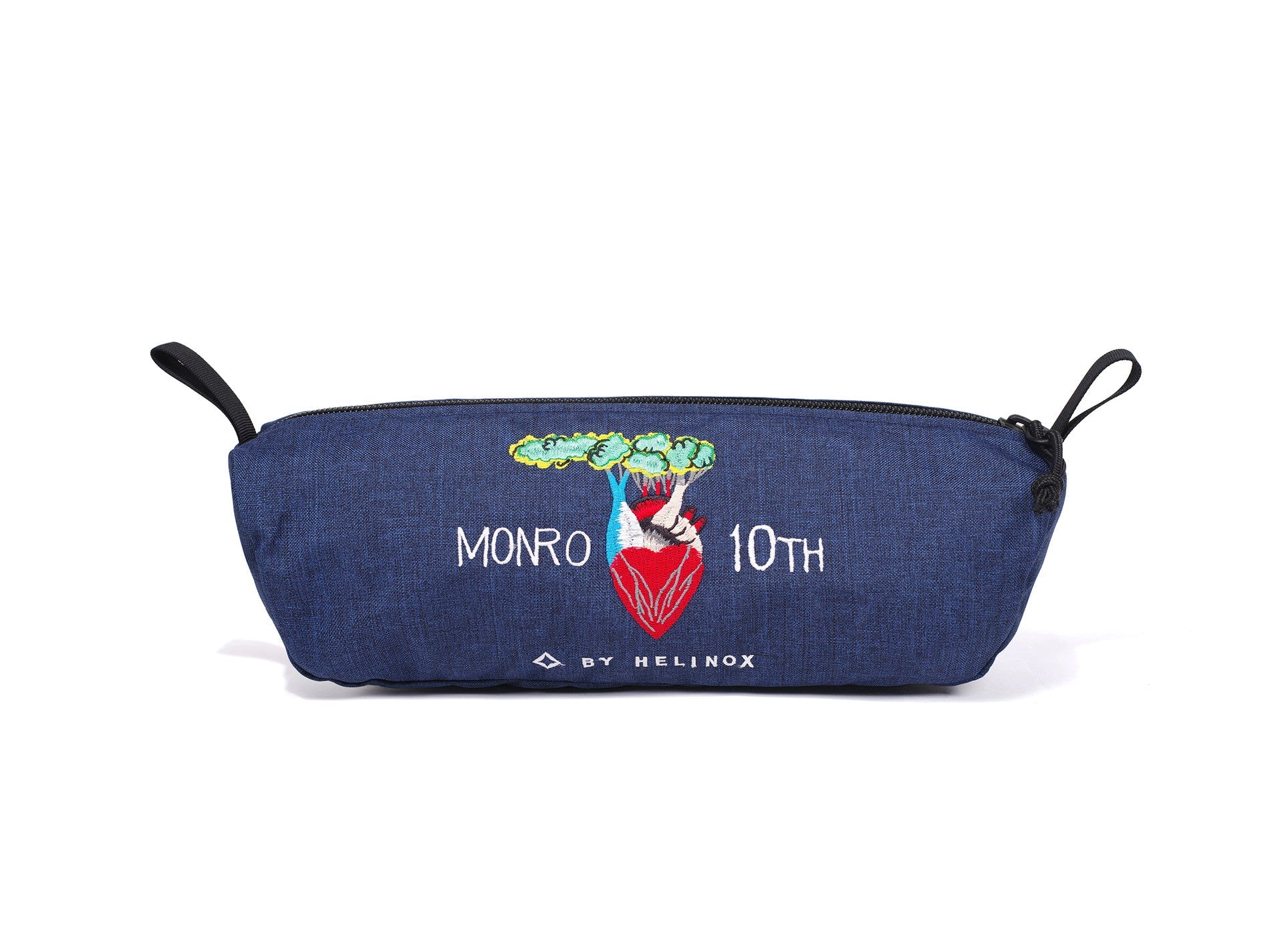 Dark blue Helinox x Monro storage pouch featuring heart embroidery and 10th anniversary branding