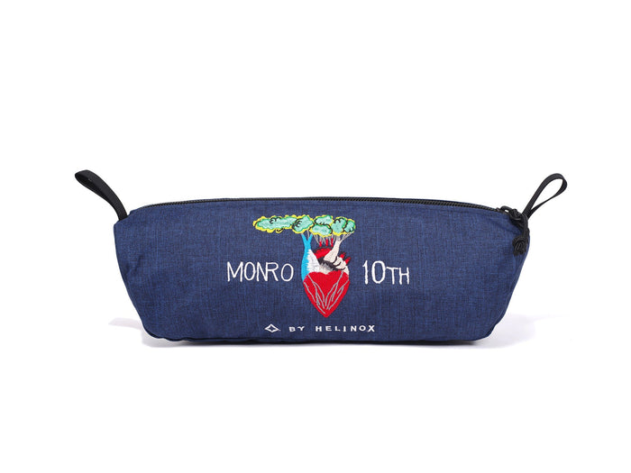 Dark blue Helinox x Monro storage pouch featuring heart embroidery and 10th anniversary branding