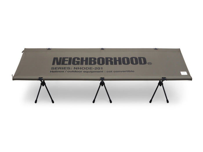 A Helinox x Neighborhood camping cot.